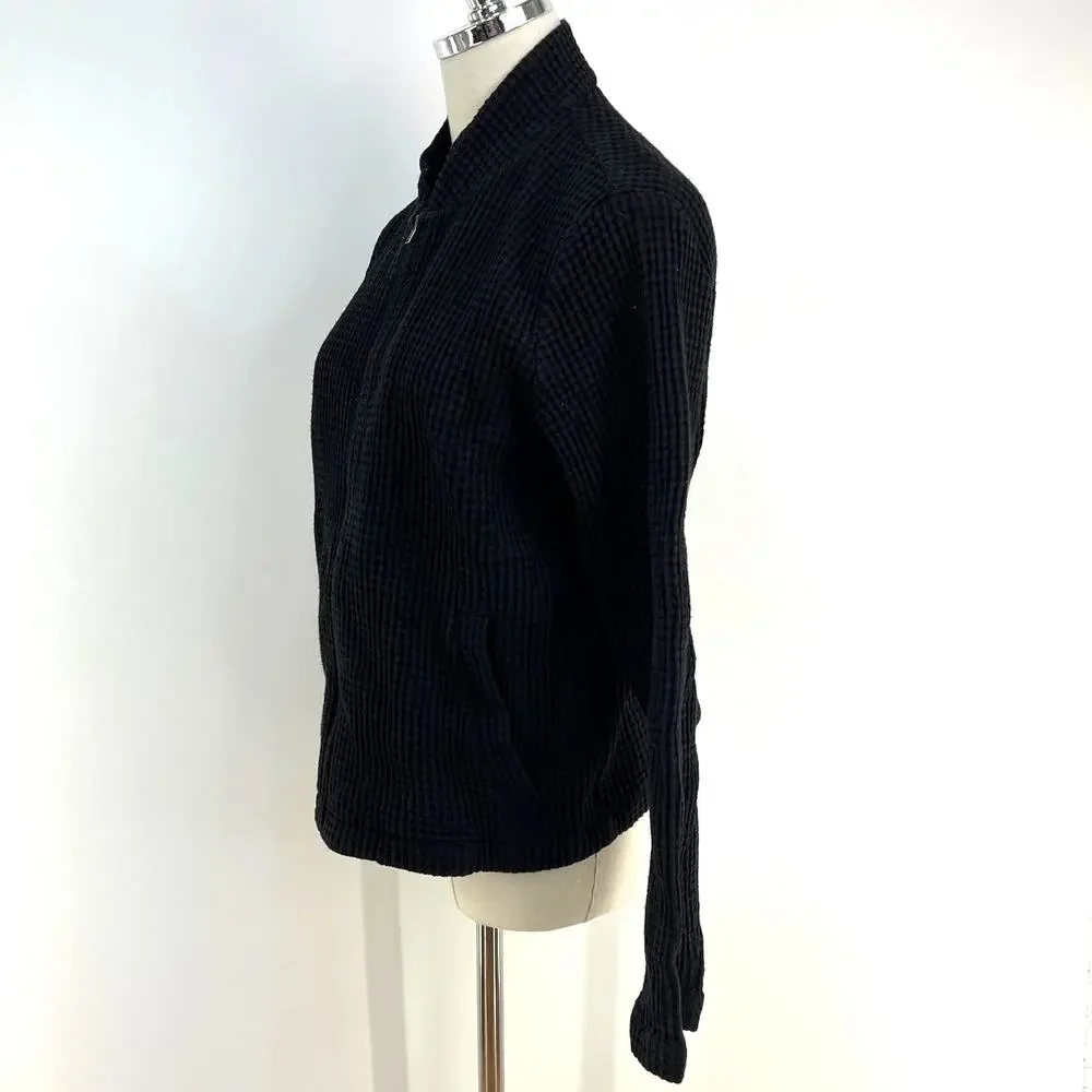 Eileen Fisher Waffle Texture Jacket Black Zip Front Long Sleeves Cardigan